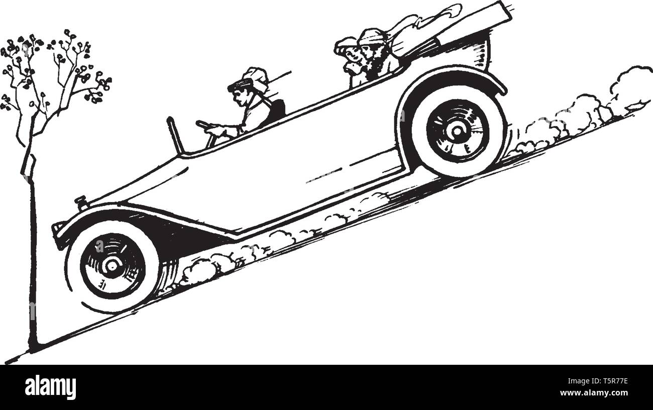 Sur l'automobile ancienne colline escarpée dans laquelle quatre personnes équitation dans une ancienne voiture de descendre une pente raide, vintage dessin ou gravure de mauvais Illustration de Vecteur
