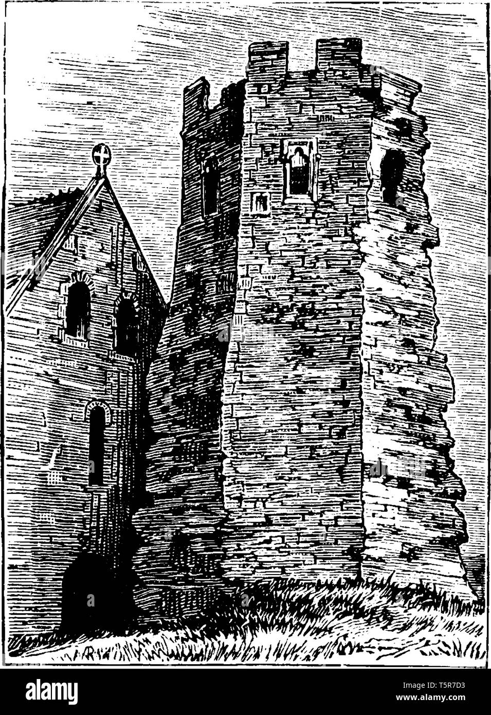 Phare romain et une partie de l'église St Mary Dover a été adapté pour une utilisation comme le clocher de l'église du château adjacent de St Mary de Castro, vinta Illustration de Vecteur