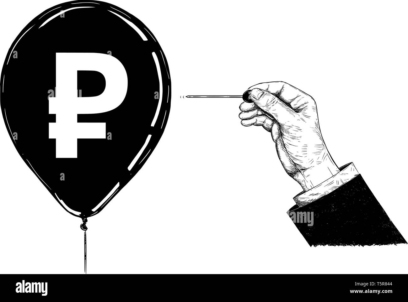 Illustration conceptuelle de dessin animé de main de businessman avec aiguille ou broche popping rouble rouble russe ou ballon symbole monétaire. Illustration de Vecteur