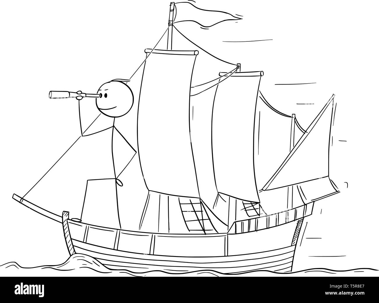 Cartoon stick figure dessin illustration conceptuelle de l'homme ou businessman standing comme capitaine sur le pont du bateau à voile et à l'intermédiaire de lorgnette. Concept d'affaires de la planification et de l'avenir. Illustration de Vecteur