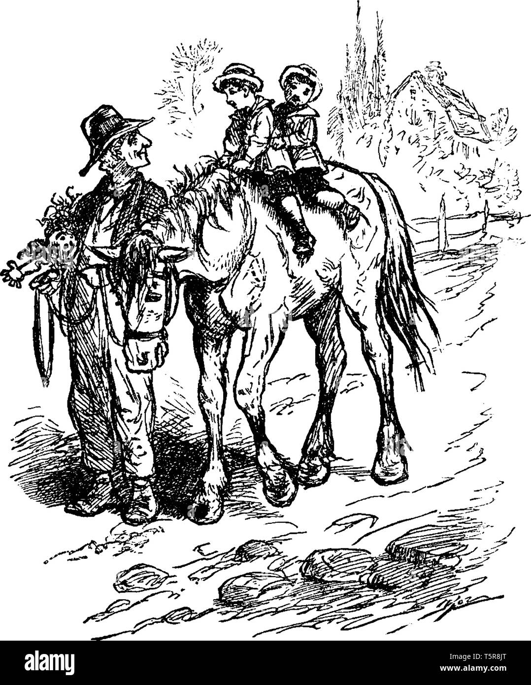 Un homme menant cheval avec deux enfants assis à cheval, vintage dessin ou gravure illustration Illustration de Vecteur