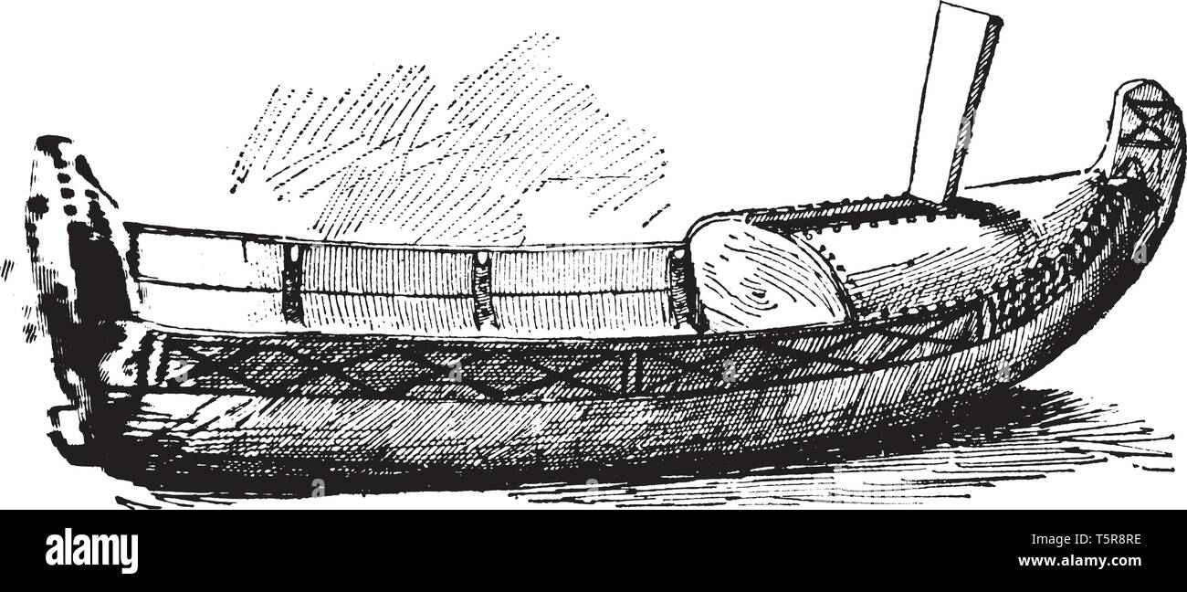 Laponie Pulk est un petit bateau en forme de canoë a fait de matériaux légers et recouverte de peau de renne, vintage dessin ou gravure illustration. Illustration de Vecteur
