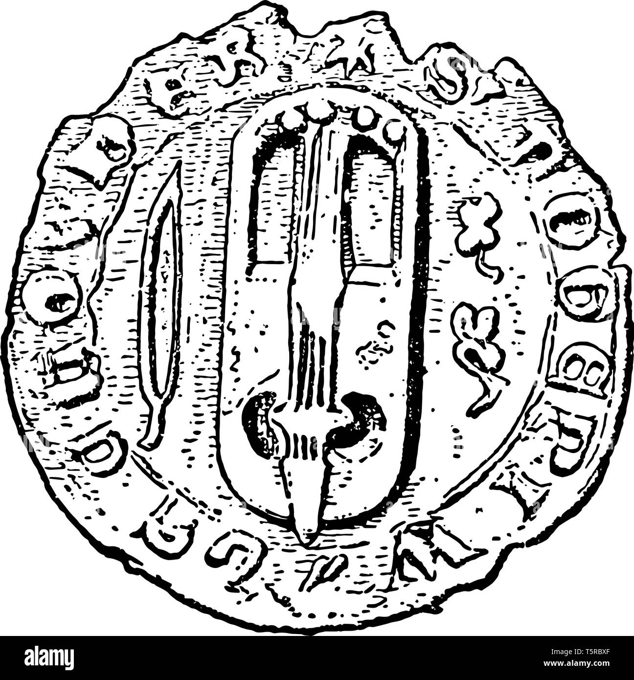 Crwth sur un sceau est un instrument de musique à cordes archaïque, vintage dessin ou gravure illustration. Illustration de Vecteur