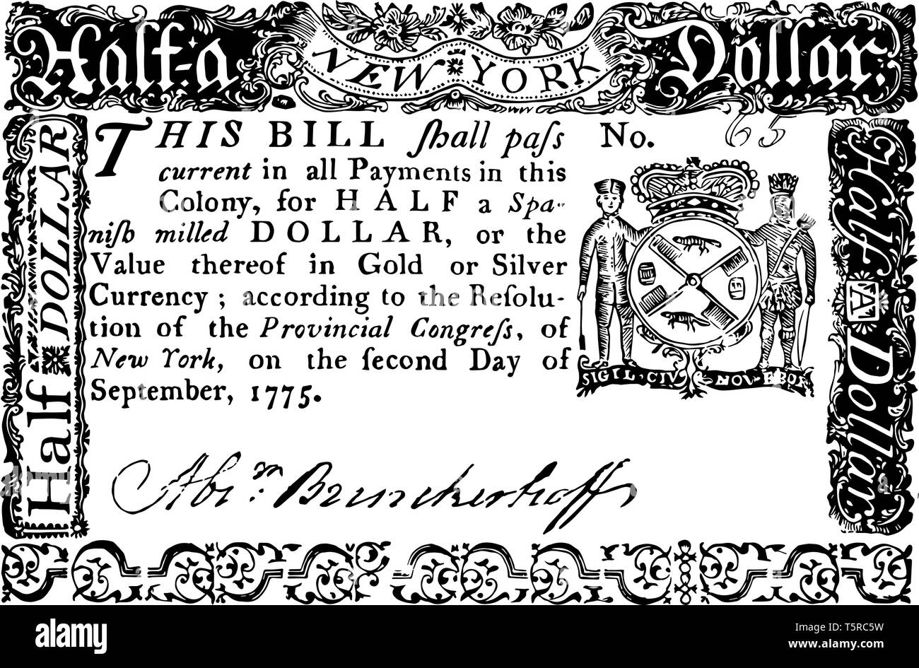 C'est le demi-dollar, monnaie de New York de 1775. C'est le portrait des armoiries de la ville de New York dans la partie supérieure de la loi, du vin" Illustration de Vecteur