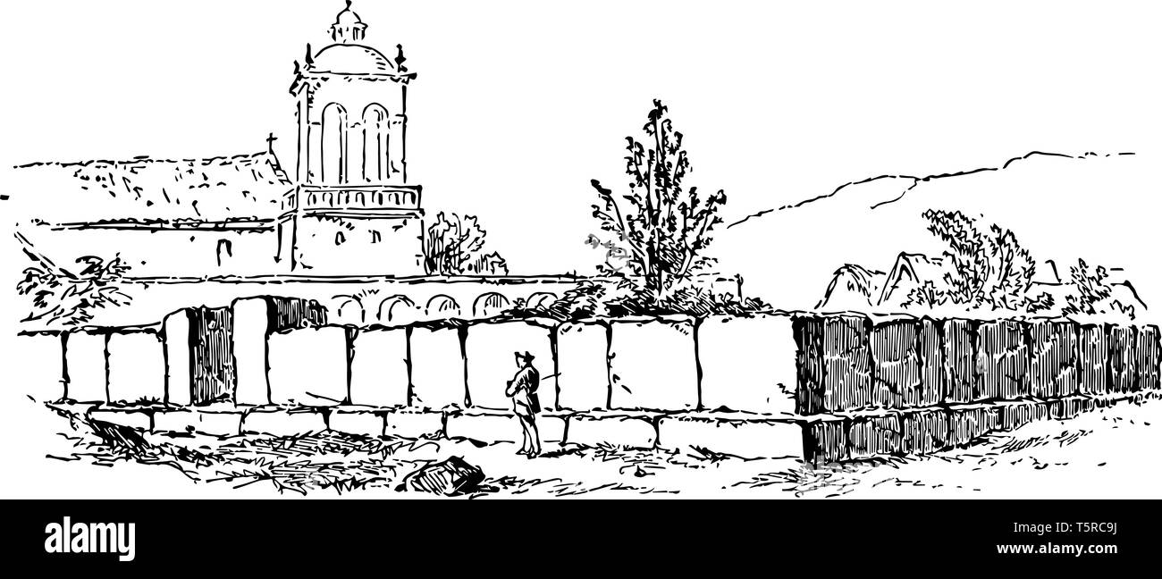 C'est la belle vue de Chucuito. Il a la structure comme un petit temple. Le passage à niveau il y a des petits arbres Chucuito, vintage dessin ou e Illustration de Vecteur