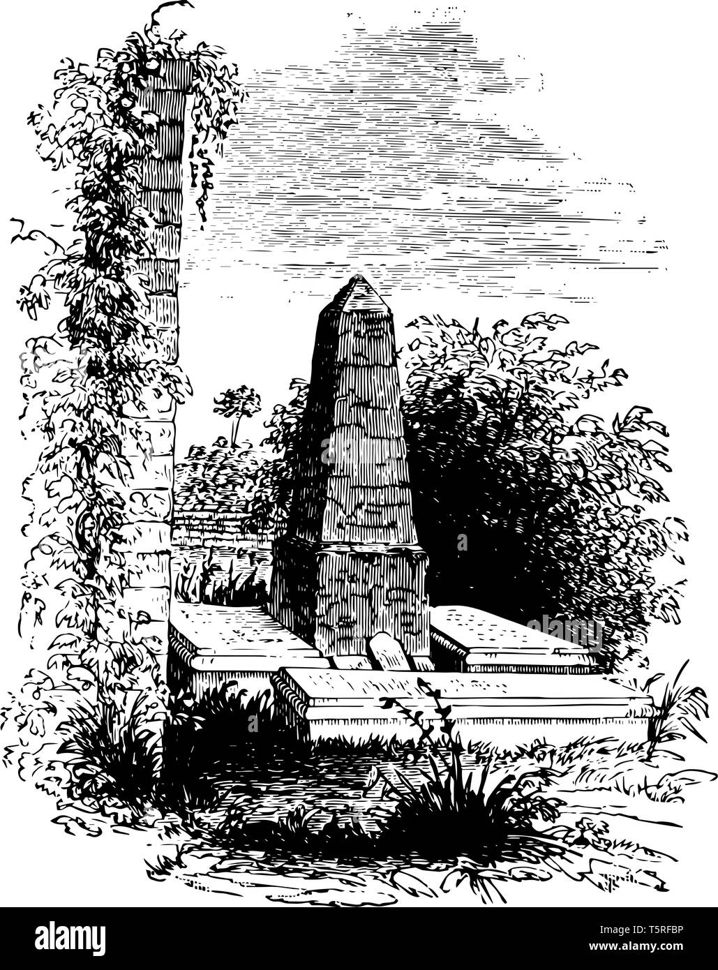 Thomas Jefferson est mort le 4 juillet 1826 et sa tombe est situé à Charlottesville, Virginia vintage le schéma. Illustration de Vecteur