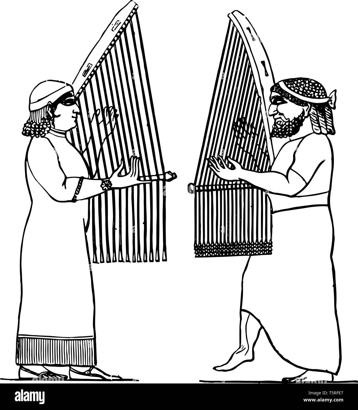 Musique assyrienne a tenu en l'honneur de la musique et il empoyed pour liturgiques, vintage dessin ou gravure illustration. Illustration de Vecteur