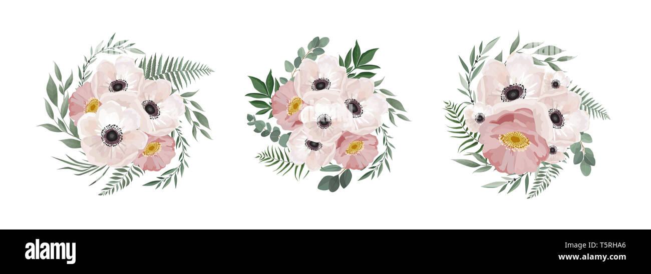 Bouquet floral design anemone, branche d'Eucalyptus . Inviter mariage Aquarelle carte element set designer Banque D'Images