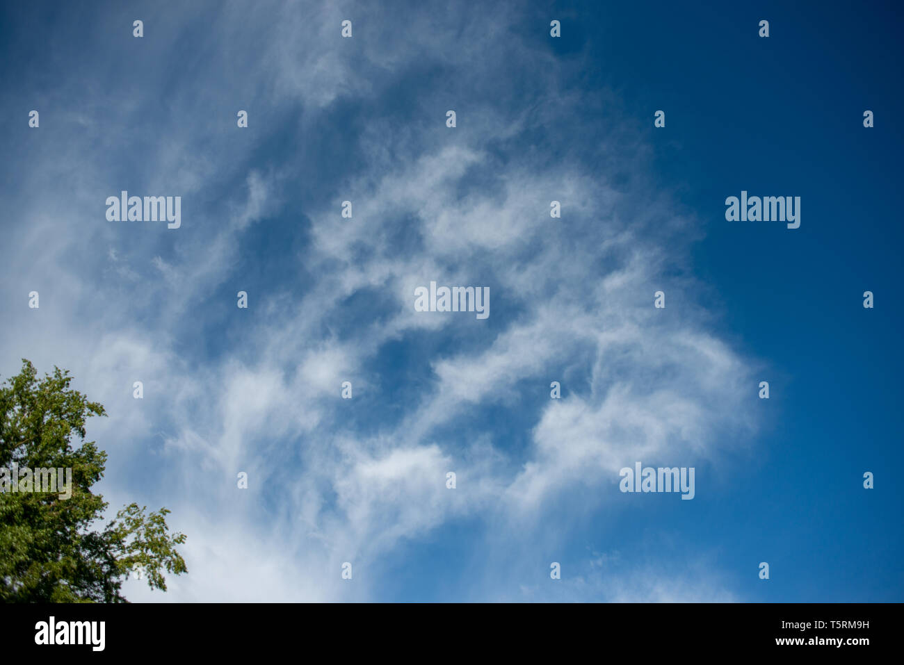 Ciel bleu avec des nuages dans la lumière directe du soleil sur un après-midi de printemps à Issy-les-Moulineaux, France Banque D'Images