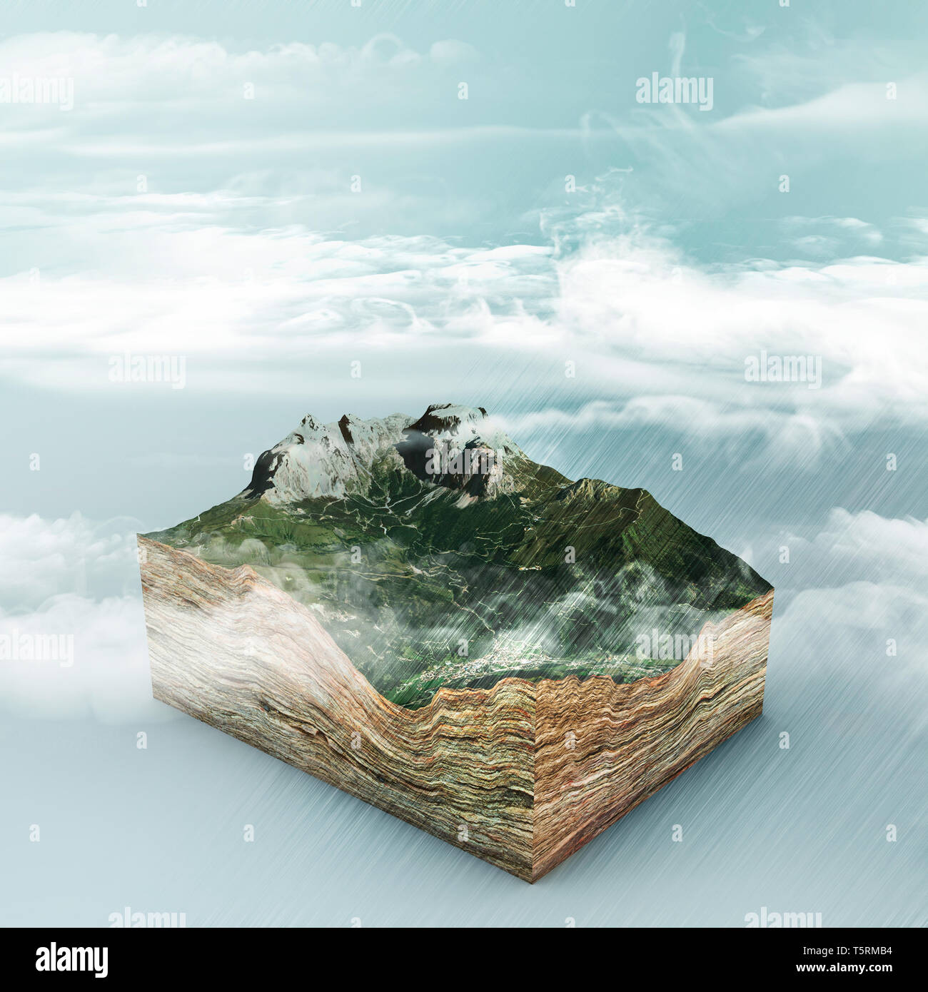 La formation de nuages et de la pluie. Section 3d d'un terrain. Les montagnes et les vallées. Le changement climatique. Le réchauffement de la Banque D'Images