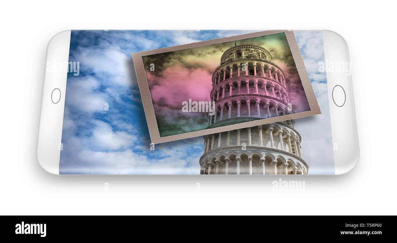 3D render of a smartphone avec une carte postale de la célèbre Tour de Pise (Italie - Pise) Banque D'Images
