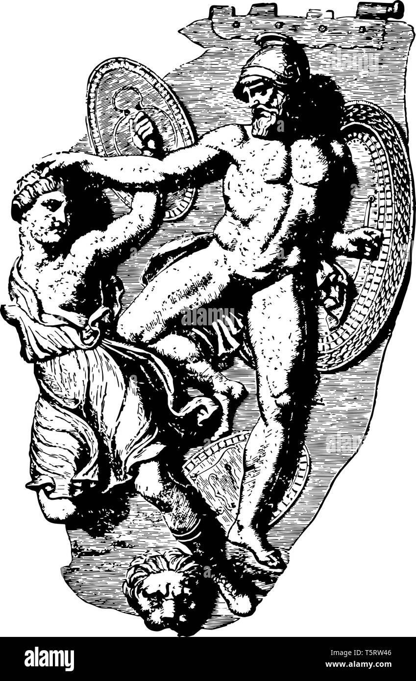 Cette image représente l'armure de bronze Siris avec guerrier grec et Amazon, vintage dessin ou gravure illustration. Illustration de Vecteur