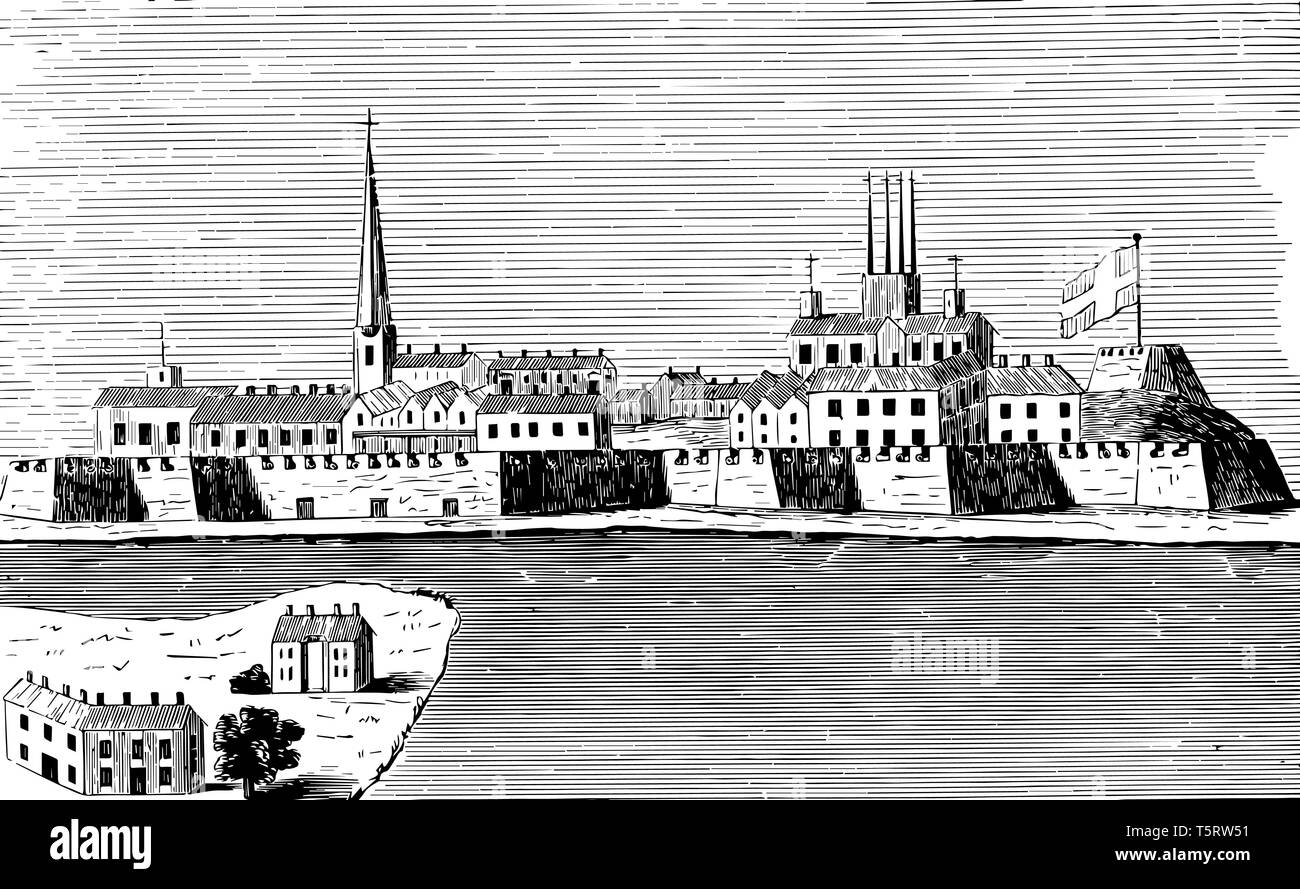 Montréal Canada veiw présente grand nombre de bâtiments près de par la mer,en 1760 vintage le schéma. Illustration de Vecteur