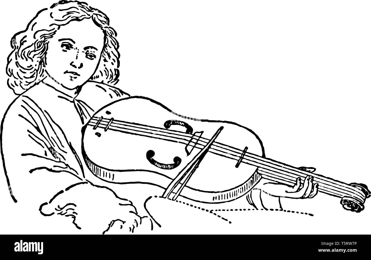 Guitare Violon Alto où un homme joue un alto violon guitare classique au 15ème siècle, dessin de ligne vintage ou gravure illustration. Illustration de Vecteur
