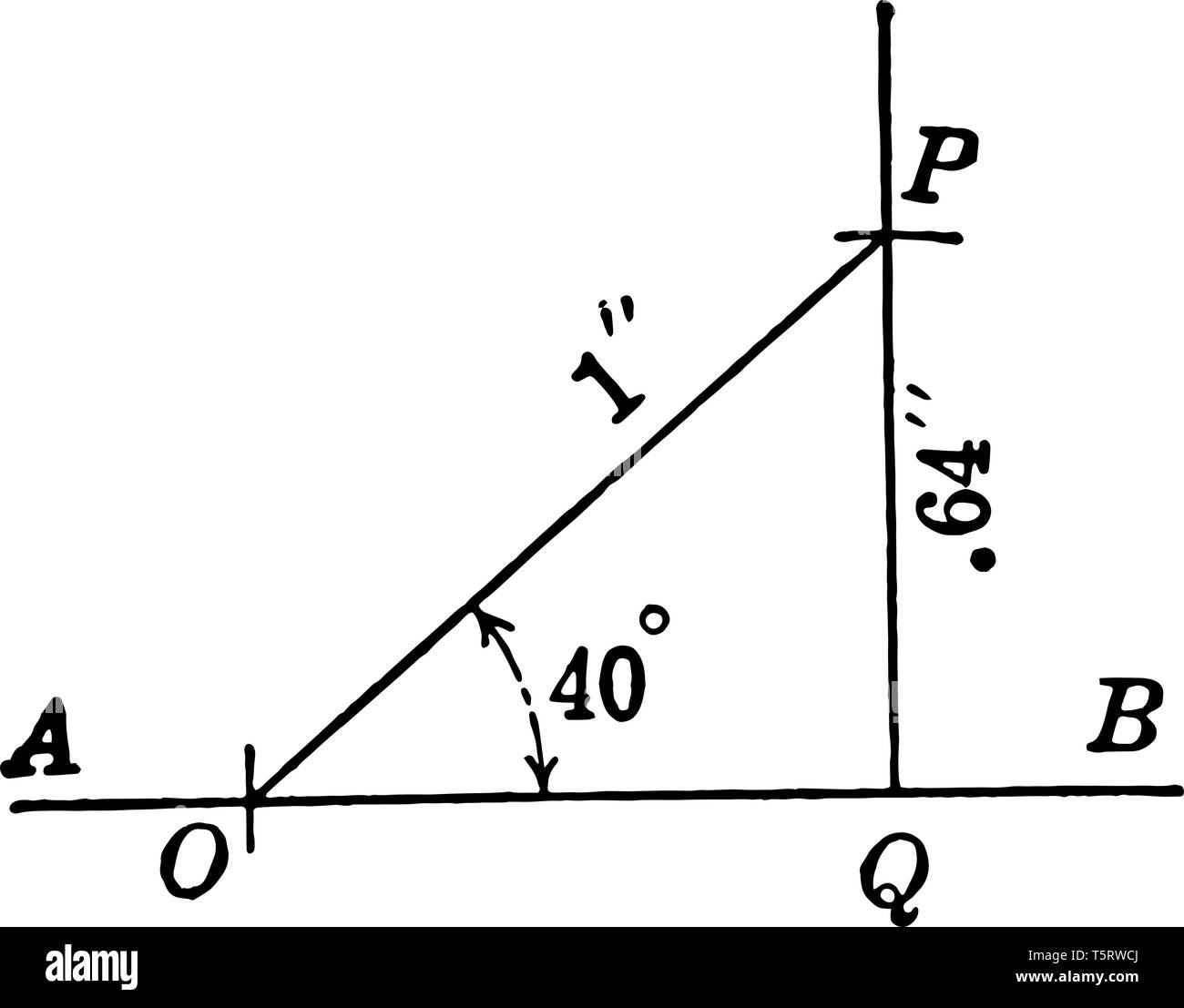 L'image montre le droit triangle avec côtés 64 et 1 et l'angle de 40 degrés. AB est le lignes horizontales, vintage dessin ou gravure illu Illustration de Vecteur