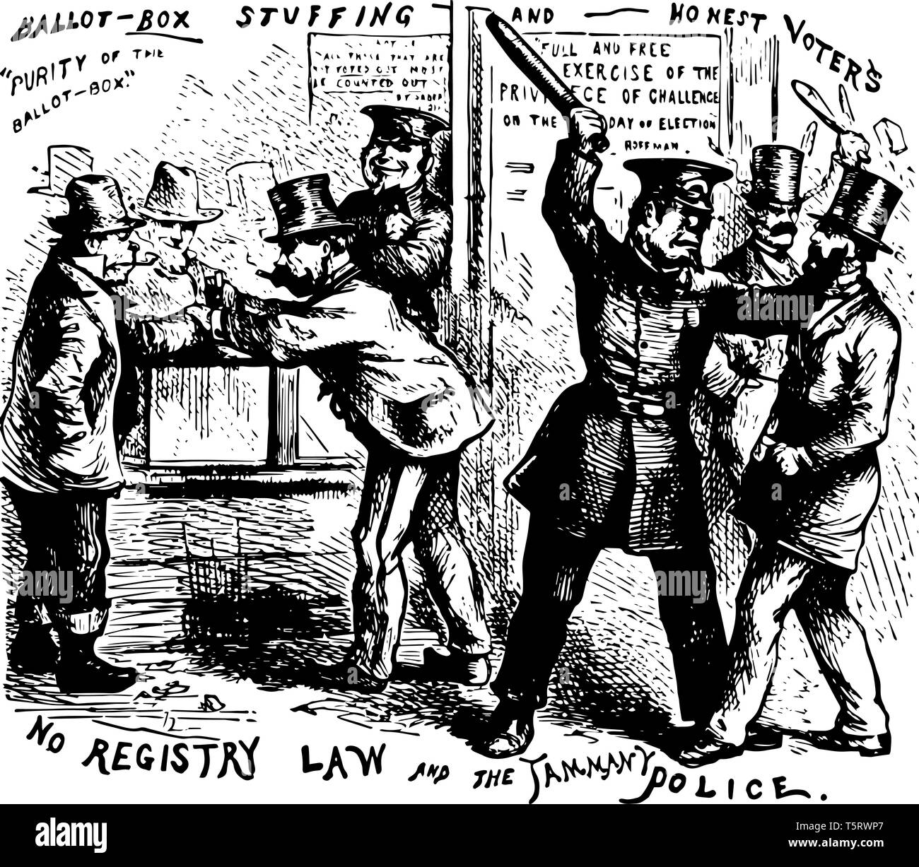 Caricature politique d'aucun droit d'enregistrement et de Tammany, violemment opposé toutes les législations nationales pour l'enregistrement des électeurs de new york vintage le schéma. Illustration de Vecteur