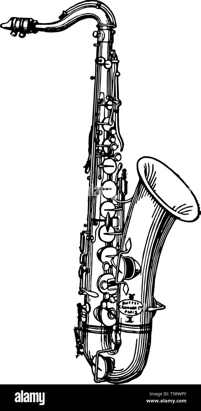 Le saxophone est composé d'un tube de laiton conique, vintage dessin ou gravure illustration. Illustration de Vecteur