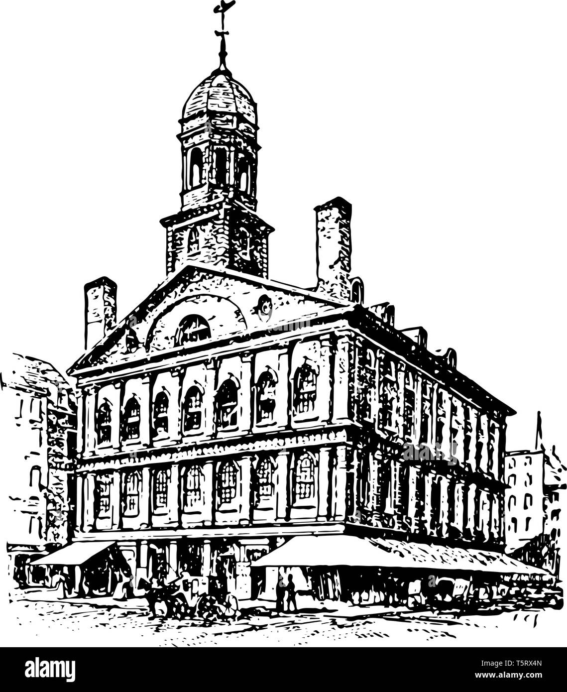 Faneuil Hall de Boston est un Massasschusetts,place de marché depuis 1743 vintage le schéma. Illustration de Vecteur