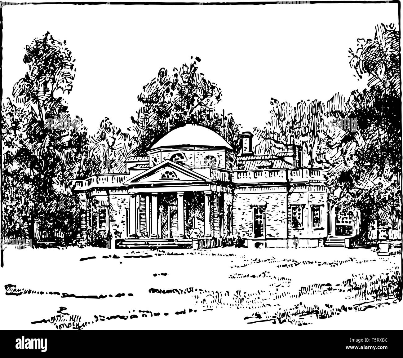 Image montrant Thomas Jefferson's estate près de Charlottesville, Virginia vintage le schéma. Illustration de Vecteur