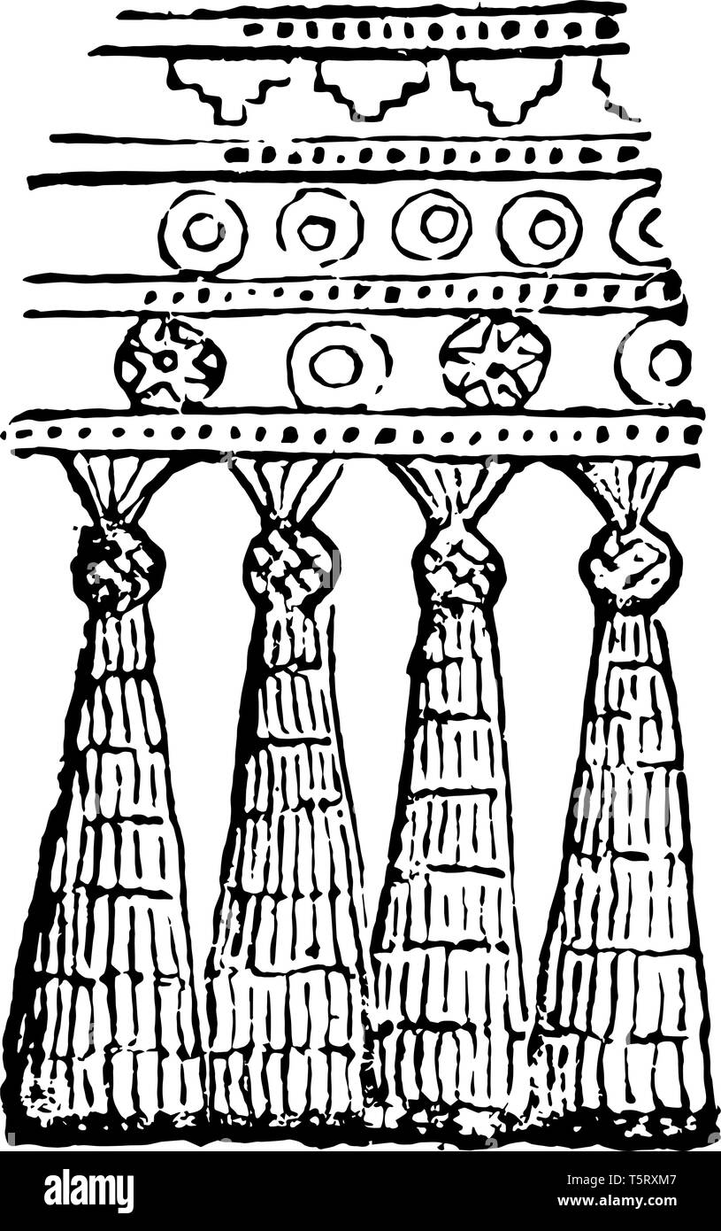 L'échantillon de l'ancienne frange assyrienne. Fringe : un bord de la longueur du filetage, vintage dessin ou gravure illustration. Illustration de Vecteur