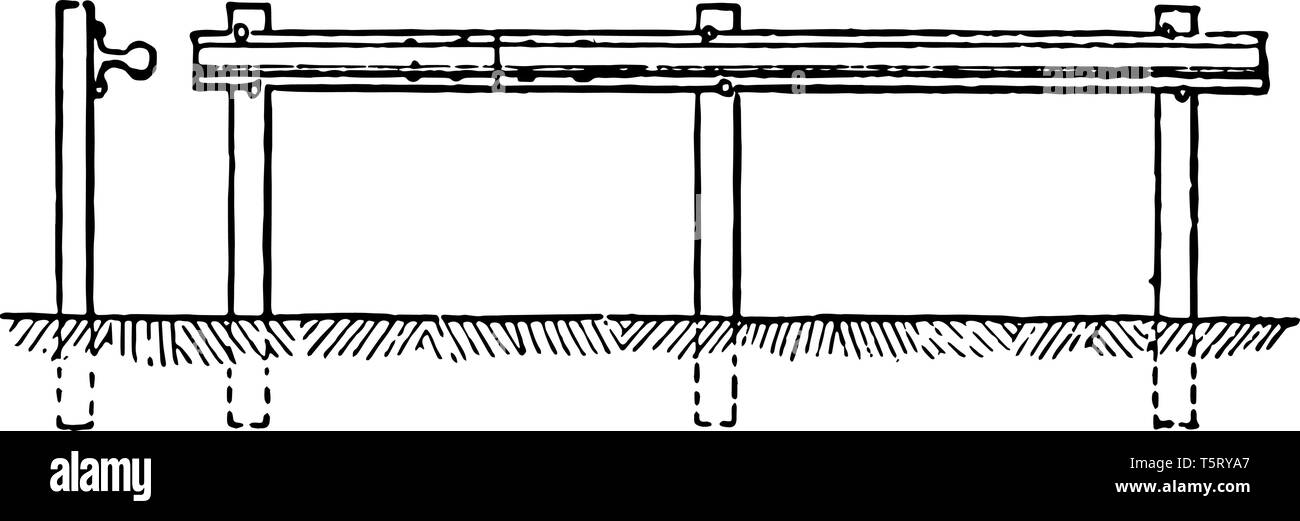 Obstacle de cavalerie se compose de traverses de chemin de fer plantés à intervalles de 10 pieds avec quatre tops vintage, dessin ou gravure illustration. Illustration de Vecteur