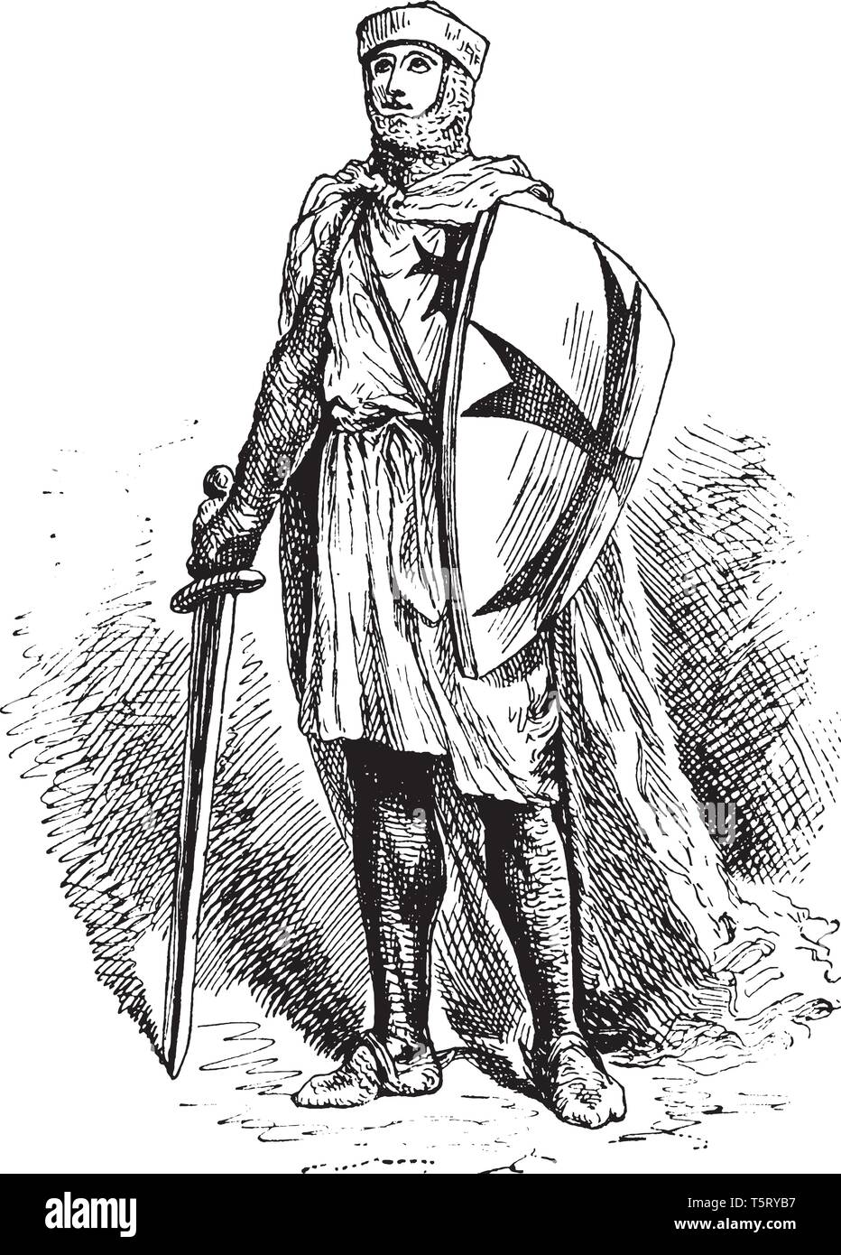 Templier avec le bouclier et l'épée, vintage dessin ou gravure illustration Illustration de Vecteur