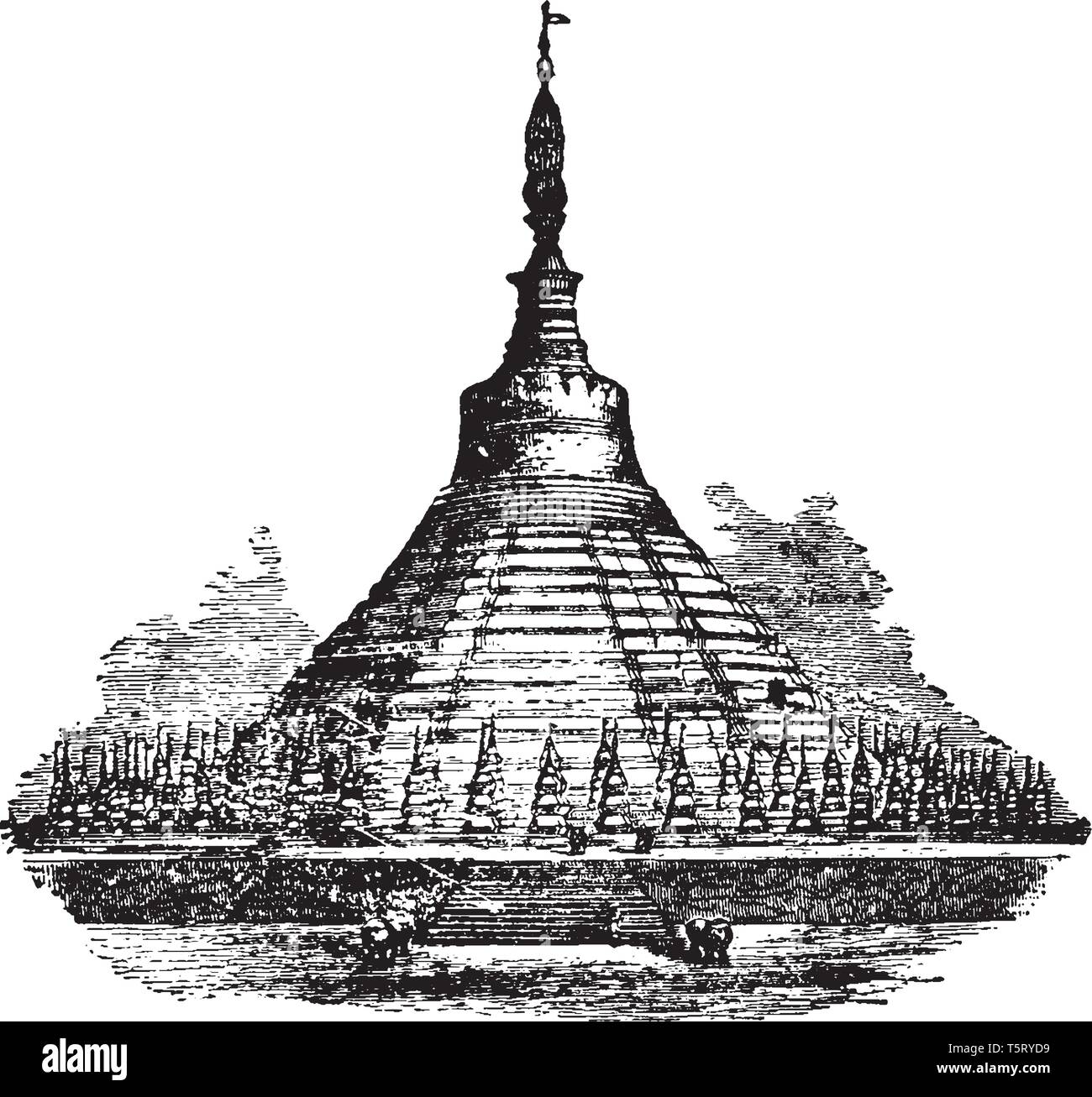 Shoemadoo la pagode de qui est le modèle du style de temples birmans est présenté dans l'Shoemadoo, vintage dessin ou gravure illustration. Illustration de Vecteur