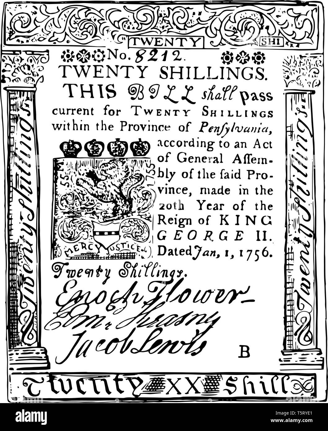 Ce projet de loi est faite de papier. C'est vingt Shillings Bill Pennsylvania Bureau de 1756, vintage dessin ou gravure illustration. Illustration de Vecteur