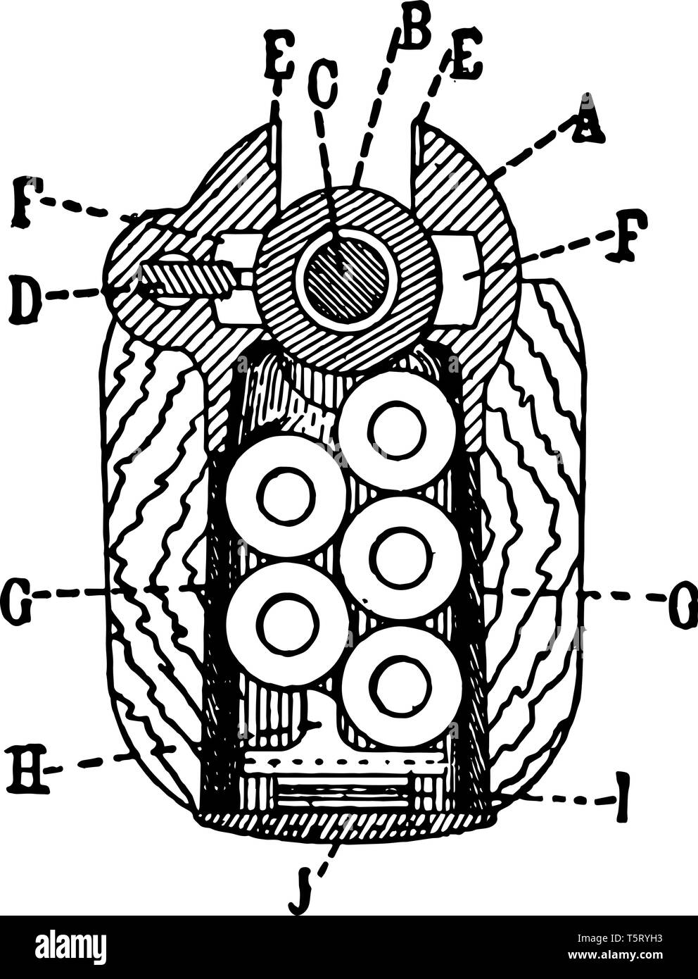 Chargeur plein qui est une coupe transversale de l'éjecteur avec le magazine chargé, vintage dessin ou gravure illustration. Illustration de Vecteur