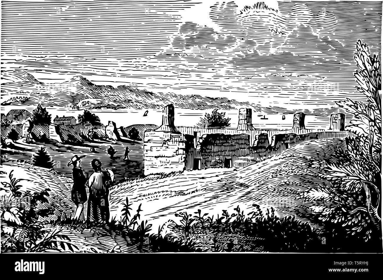 En 1857, Crown Point était un fort construit en 1759 sur le lac Champlain pour sécuriser la région contre l'anglais vintage le schéma. Illustration de Vecteur
