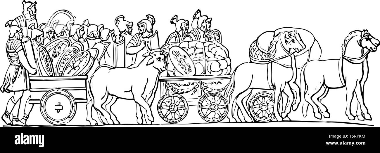 Dans cette image il y a une voiture qui transporte les produits que les chevaux dessiner. Il y a de nombreux villages dans cette image, dessin de ligne vintage ou engravi Illustration de Vecteur