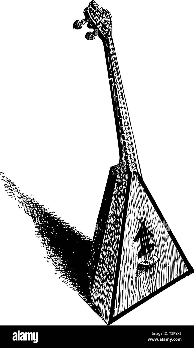 La balalaïka est un instrument de musique russe avec un corps triangulaire  et trois cordes qui produit des sons similaires à celles d'une mandoline,  vintage la ligne d Image Vectorielle Stock -