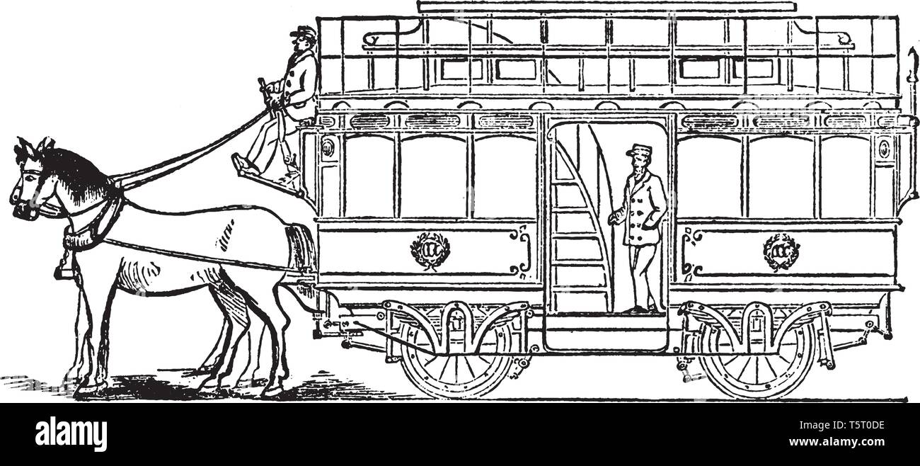 Street Car est un véhicule qui se déplace sur des rails typiquement dans une rue, vintage dessin ou gravure illustration. Illustration de Vecteur