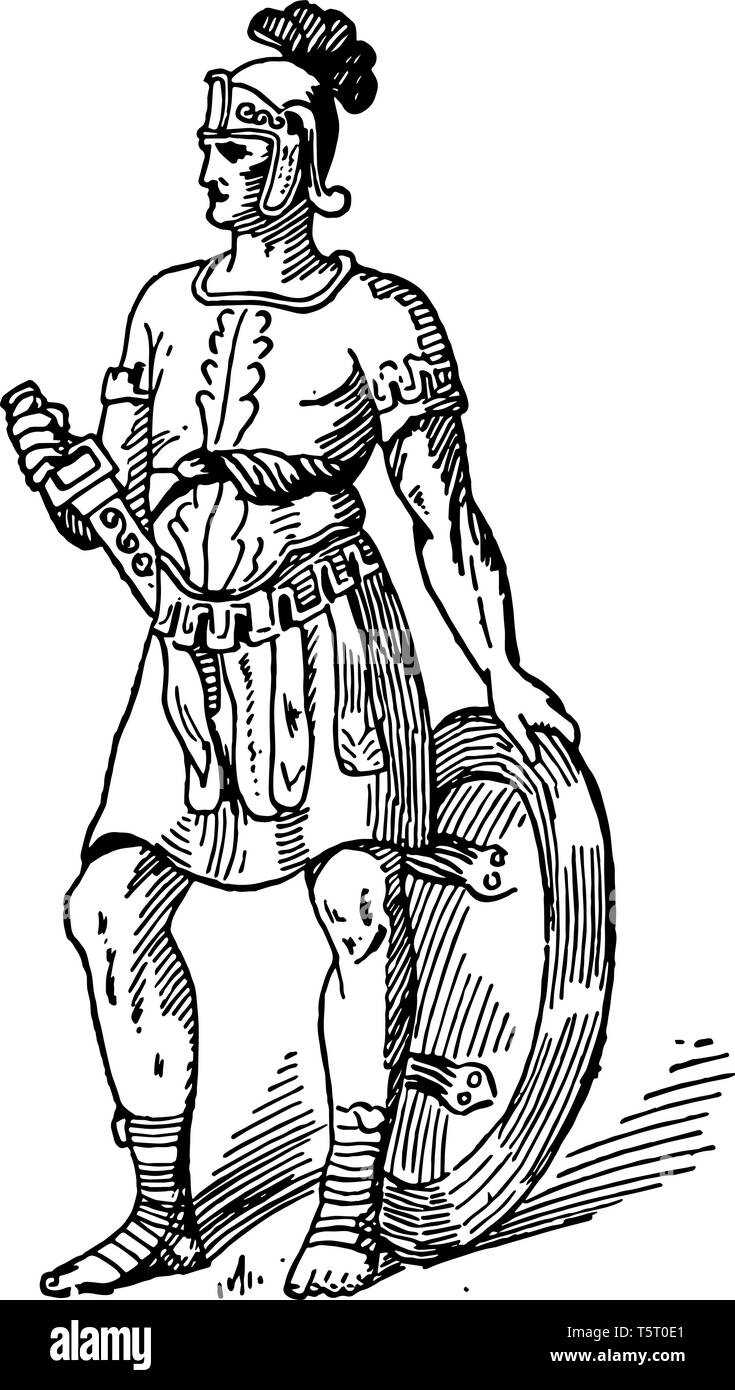 Un soldat grec tenant son bouclier et l'épée, la gravure ou le dessin des lignes vintage illustration. Illustration de Vecteur