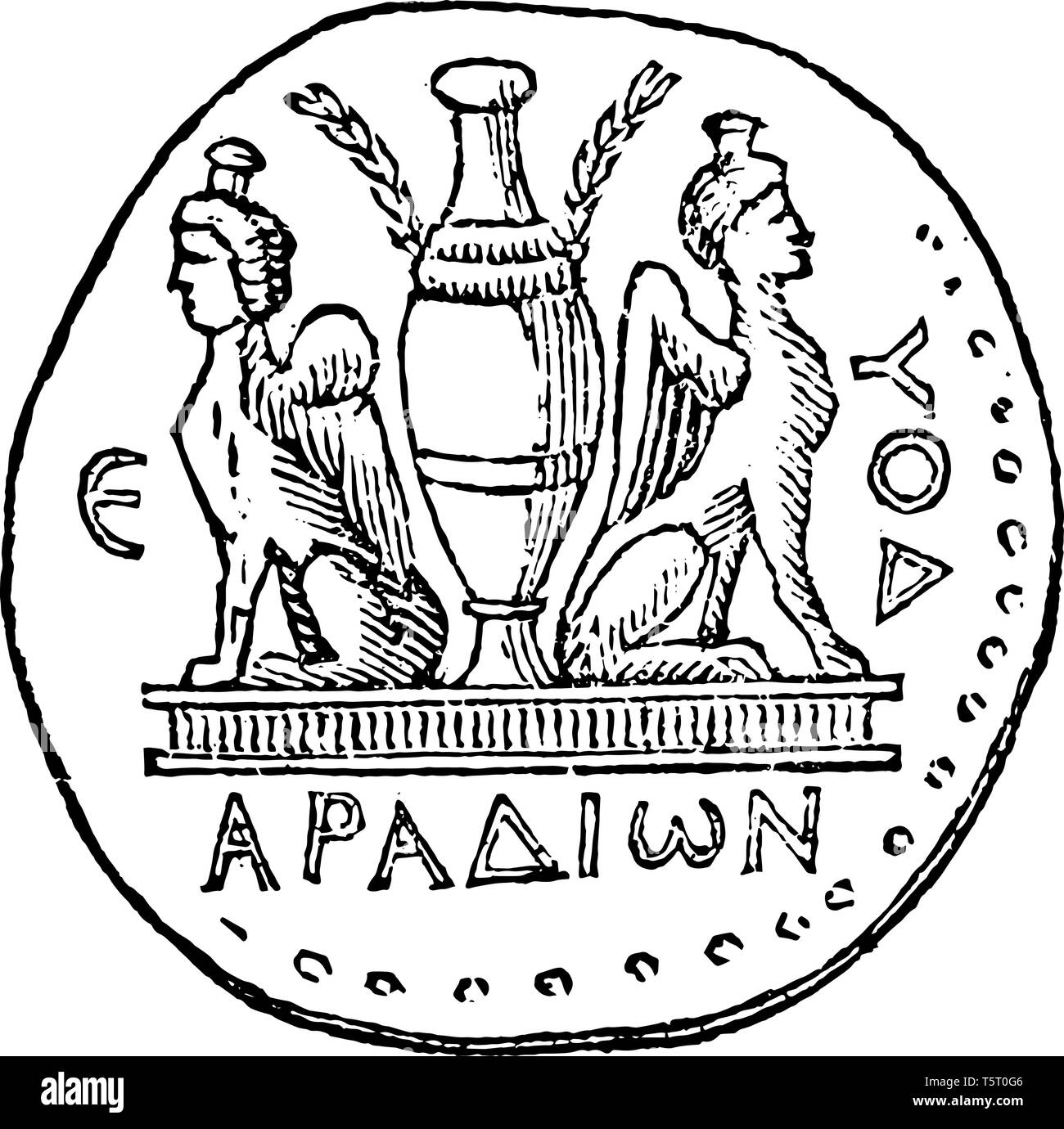 Une médaille avec deux sphinx placés dos à dos, vintage dessin ou gravure illustration. Illustration de Vecteur
