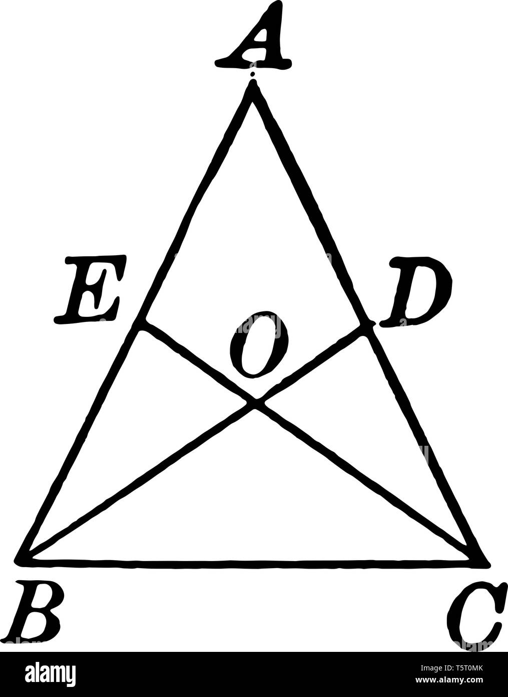 C'est l'image de la triangle isocèle ABC. La ligne E et D a été créé pour attirer la médiane, vintage dessin ou gravure illustration. Illustration de Vecteur