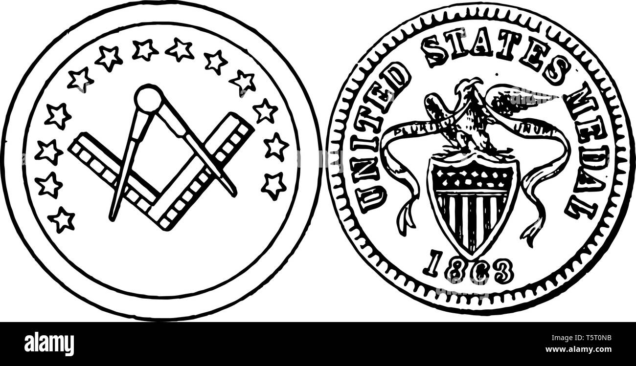 Jeton de guerre illustré dans l'image est 1863 ans. Avers a montré un jeton de guerre builder square et boussole. Verso illustré un bouclier et 'UNITED Illustration de Vecteur