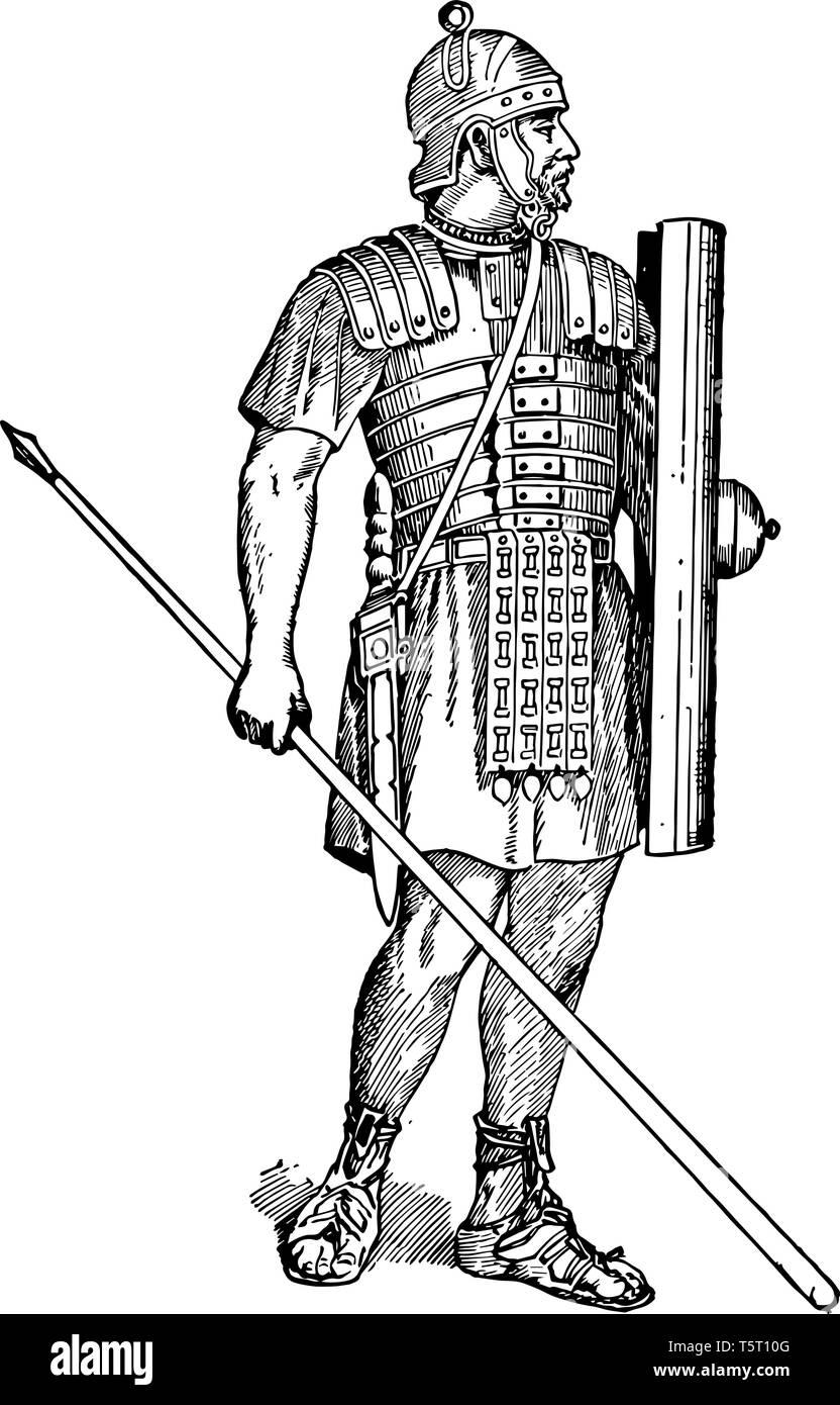 C'est l'image du soldat. Il est à la recherche pour le côté droit. Le soldat porte un casque de métal, un doublet de cuir avec épaulettes, un métal-pla Illustration de Vecteur
