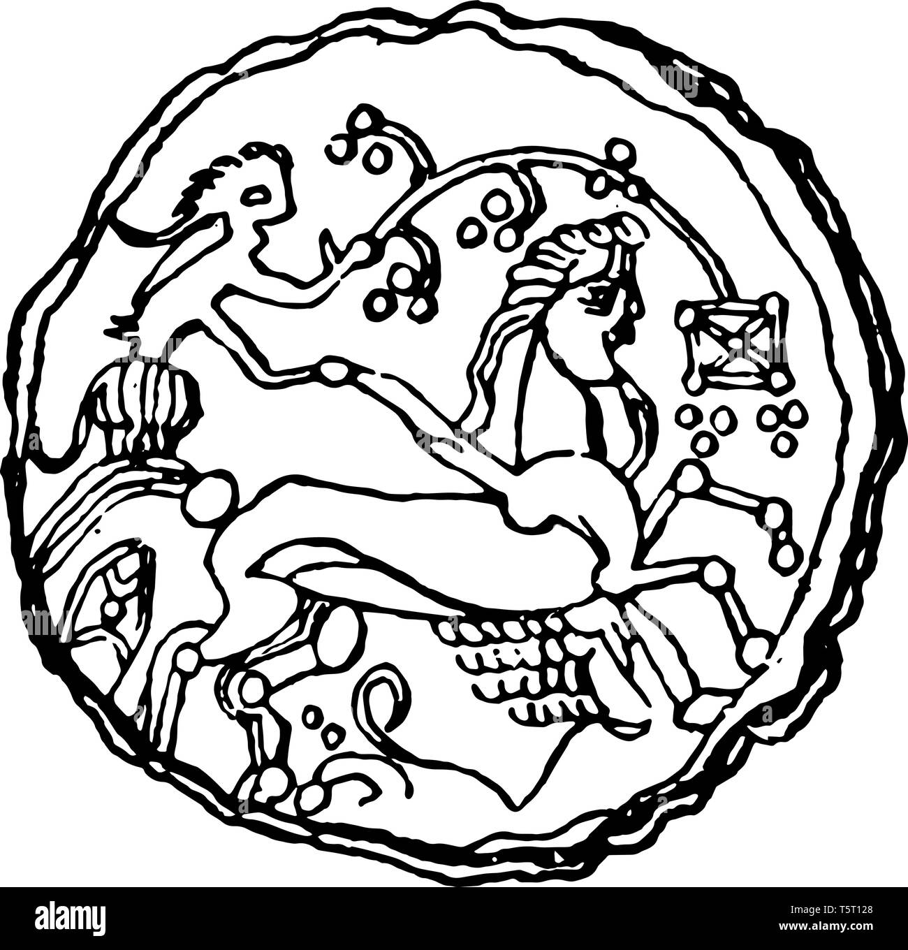 Coin en relief d'un homme monté sur le cheval, chariot vintage dessin ou gravure illustration. Illustration de Vecteur