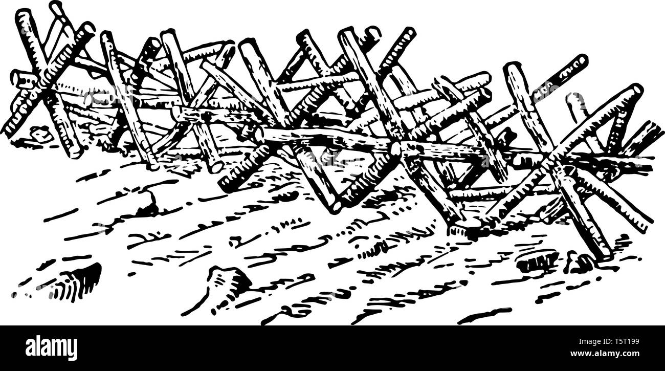 Barrière de cavalerie qui est lourd d'obstacles à l'emploi en Mandchourie par les Russes, vintage dessin ou gravure illustration. Illustration de Vecteur