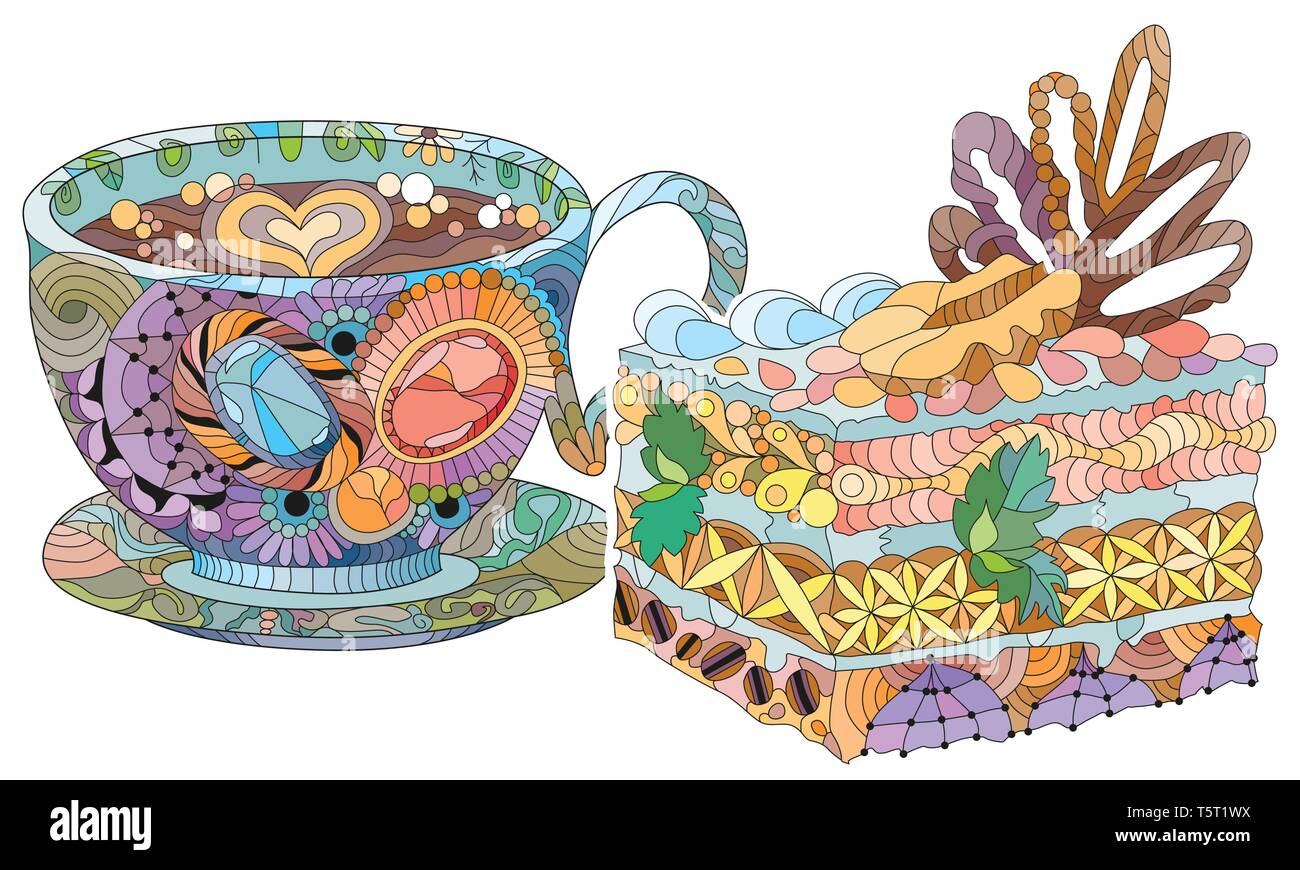Tasse de café ou de thé vecteur avec gâteau et de l'abrégé des ornements. Illustration à la main pour la décoration de t-shirt Illustration de Vecteur