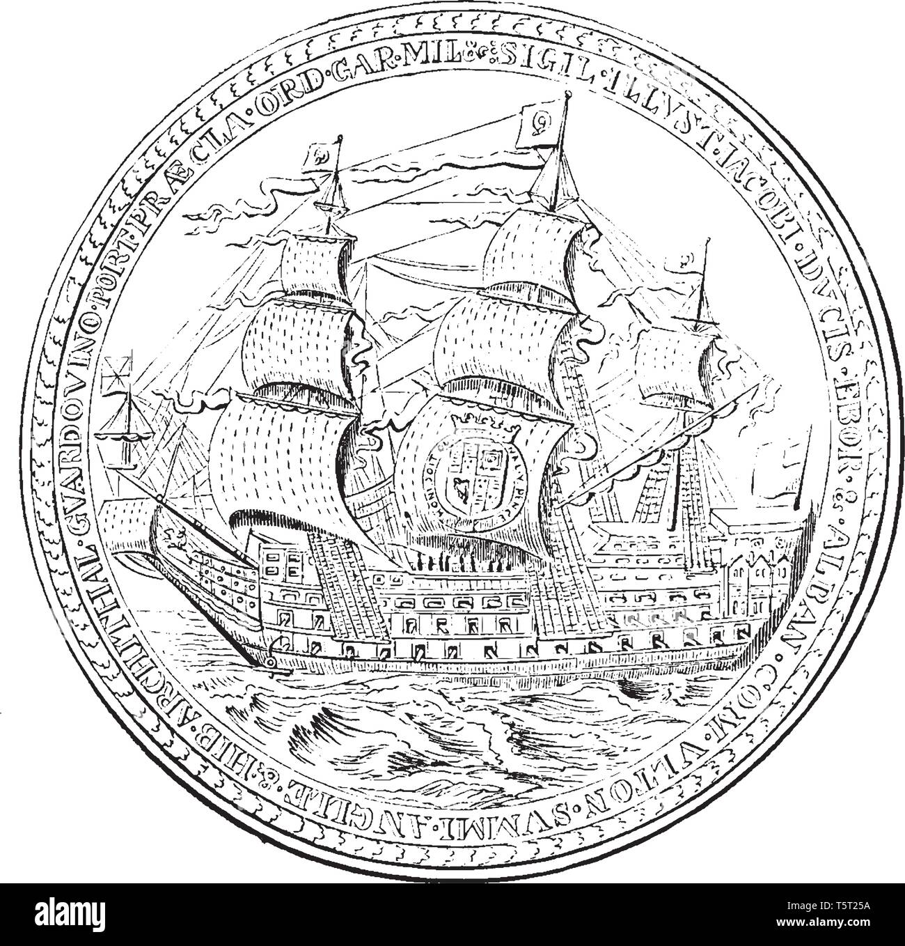 Médaille réalisée en l'honneur de James Duke of York par Thomas Simon, vintage dessin ou gravure illustration. Illustration de Vecteur