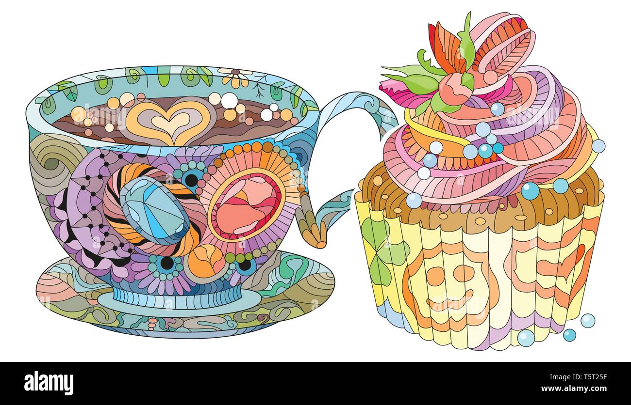 Tasse de café ou de thé vecteur avec gâteau et de l'abrégé des ornements. Illustration à la main pour la décoration de t-shirt Illustration de Vecteur