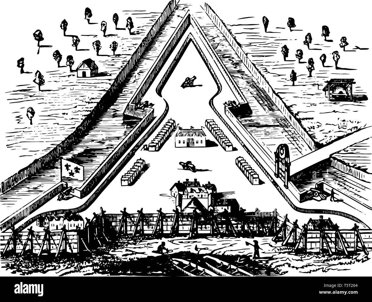 Fort Carolina situé sur la rive du fleuve Saint-Jean, en Floride vintage le schéma. Illustration de Vecteur