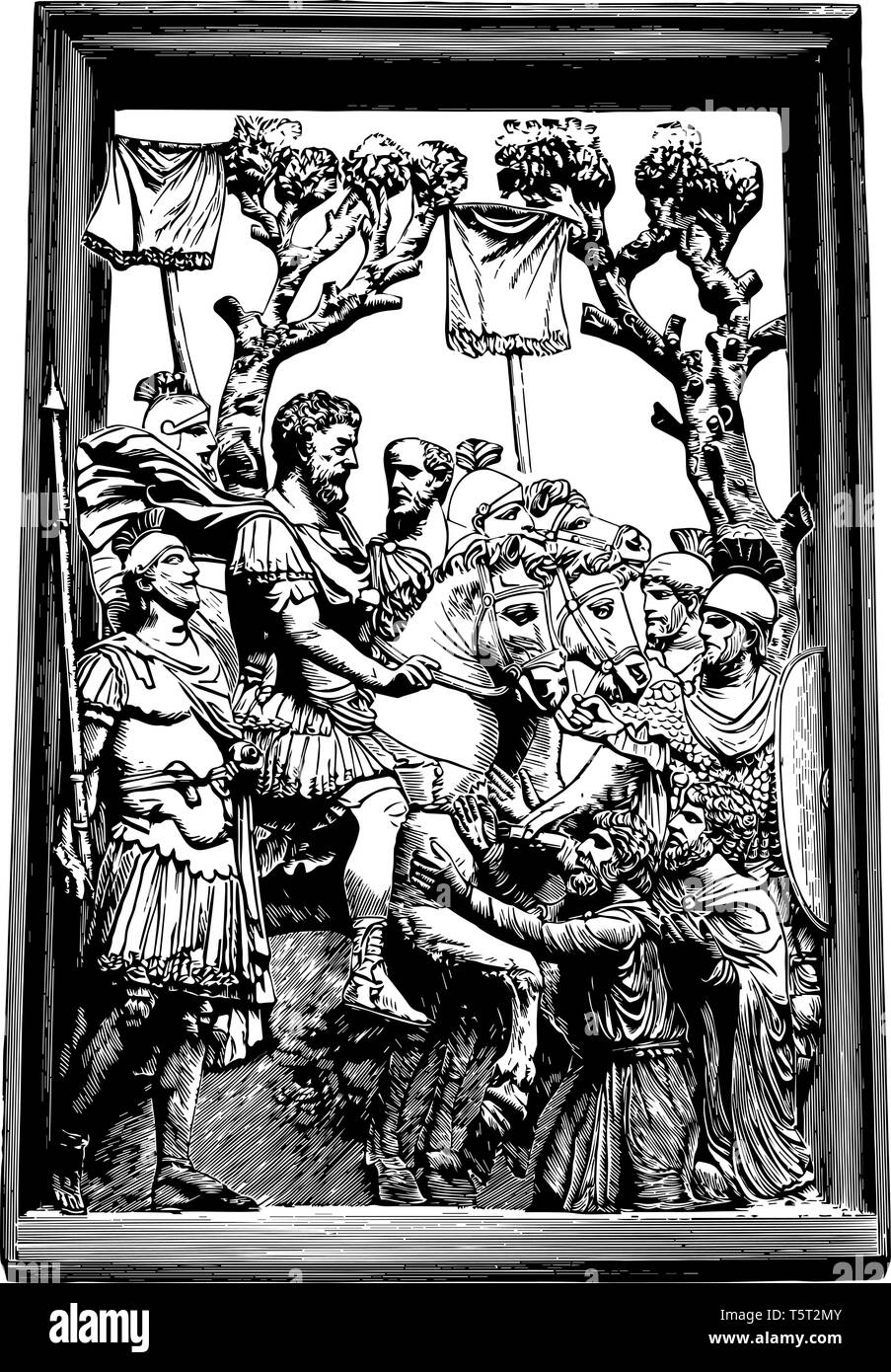 Cette image montre une photo. Il y a un roi assis sur le dos du cheval. Entre le roi il y a de nombreux villages, vintage ou engravin dessin de ligne Illustration de Vecteur