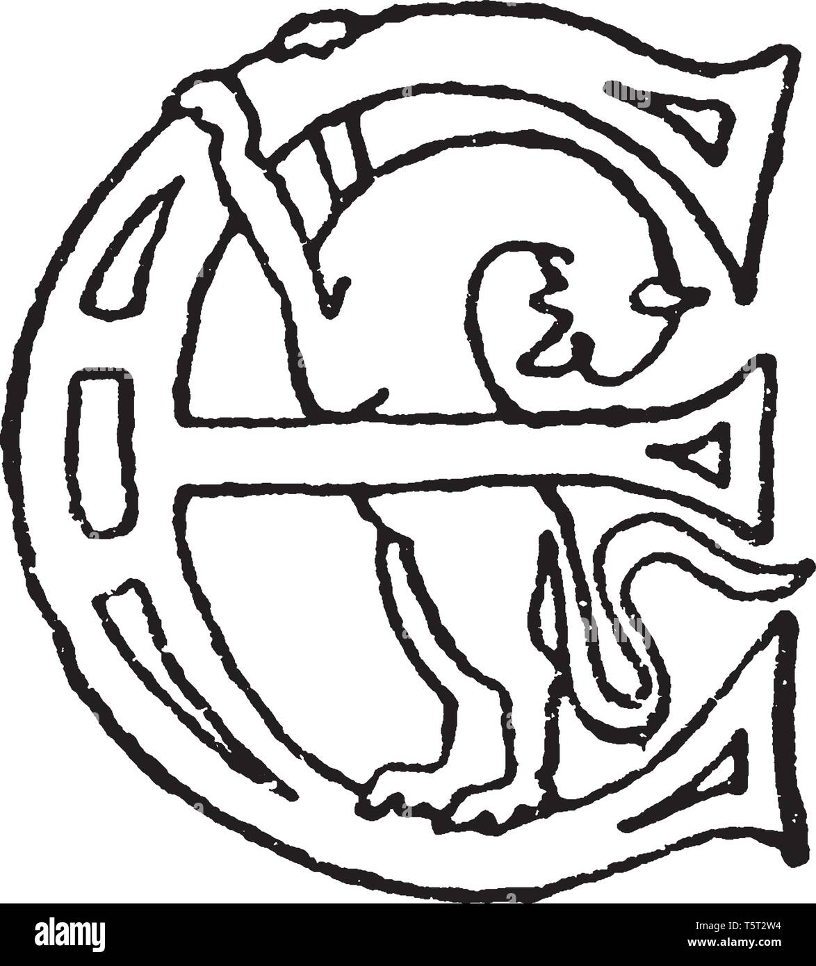 Une lettre majuscule E dans avec romane un animal ou un oiseau, vintage dessin ou gravure illustration Illustration de Vecteur