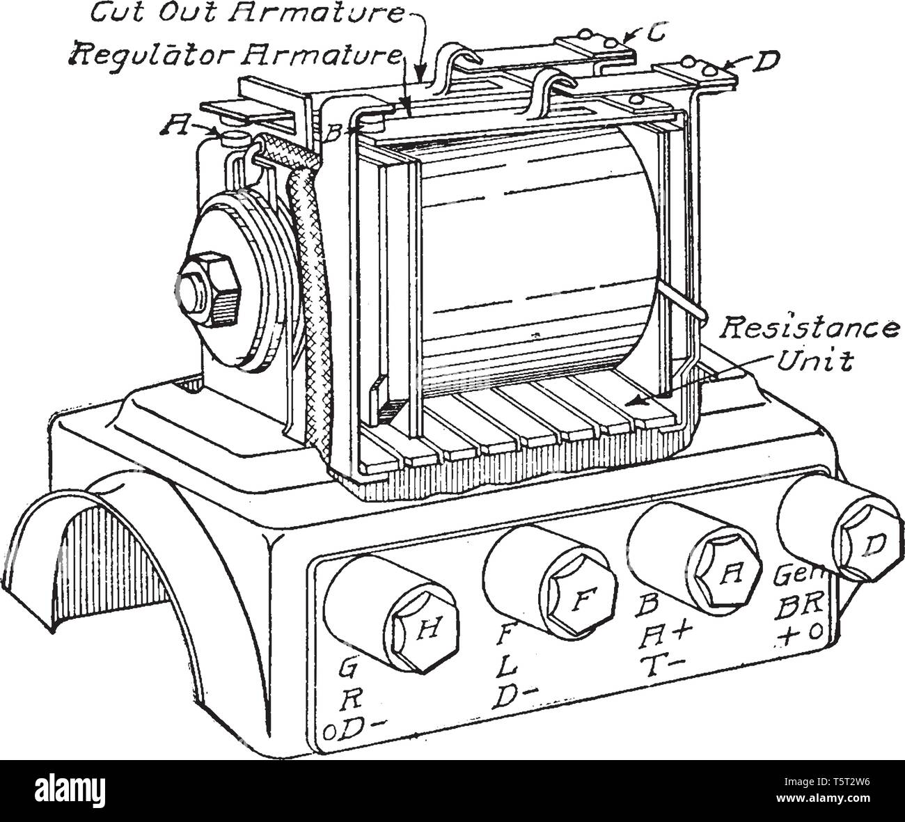 Régulateur est heinze Springfield et régulateur de courant, coupure de la batterie vintage dessin ou gravure illustration. Illustration de Vecteur
