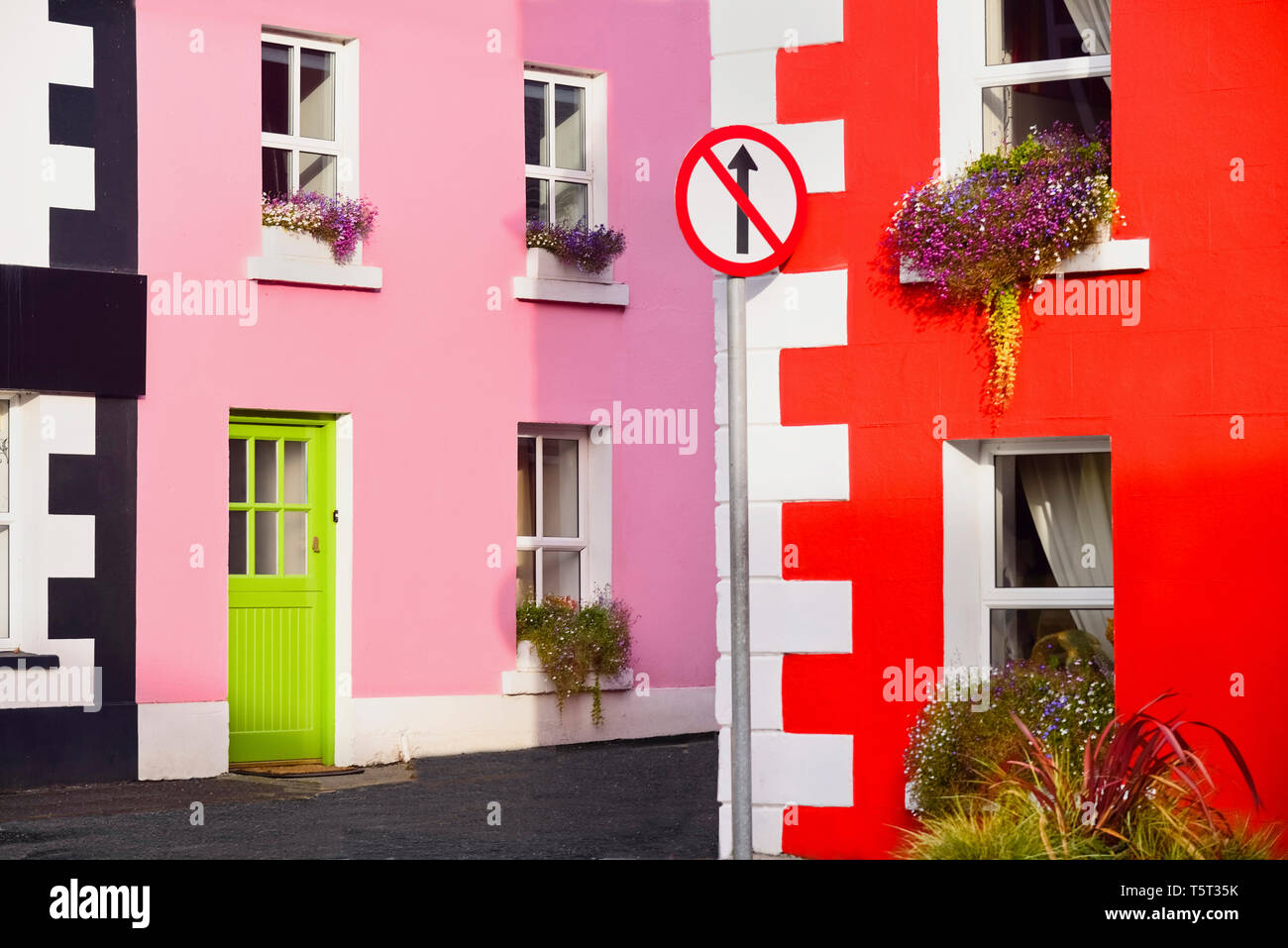 L'Irlande, le comté de Louth, Carlingford, maisons colorées dans le village. Banque D'Images