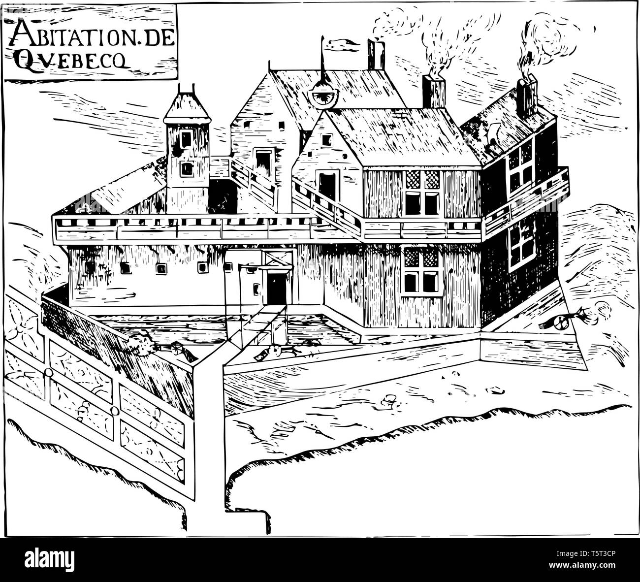 La résidence fortifiée de Samuel de Champlain est de trois bâtiments en bois et chacune est à double étages, Québec, canada vintage le schéma. Illustration de Vecteur