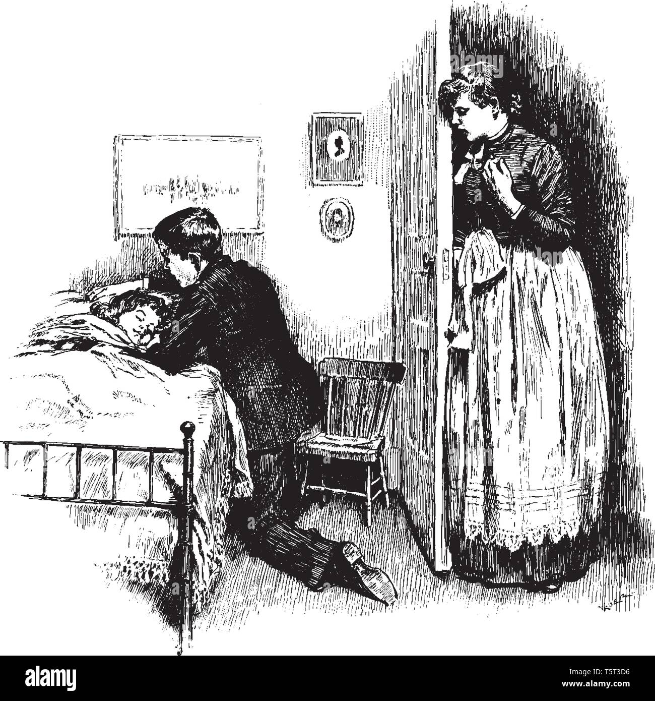 Un homme prendre soin de l'enfant malade au lit et d'une femme à les regarder, vintage dessin ou gravure illustration Illustration de Vecteur